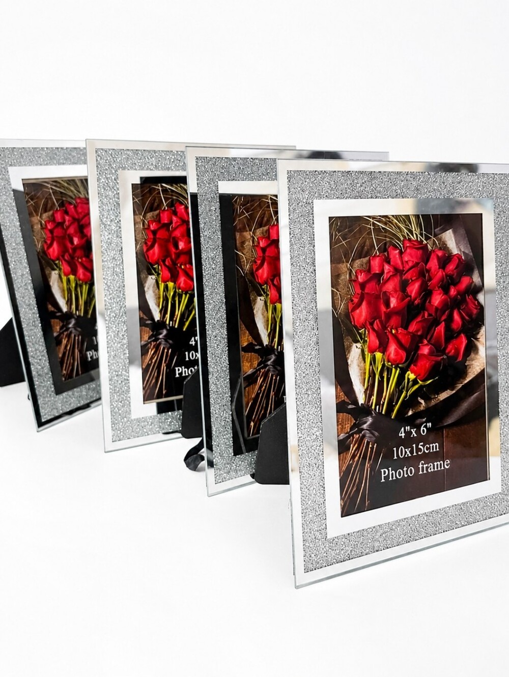 NEW Glam Silver Sparkle Mirrored Size 4"x6" Picture Frames (Set of 4) - Picture 1 of 9